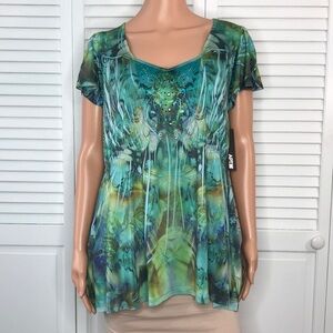 2/$50 APT. 9 Green Multicolor l Diamond Henley V-Neck Blouse Size 1X
